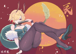 Rule 34 | 1girl, absurdres, antlers, black pantyhose, blonde hair, china dress, chinese clothes, dragon girl, dragon horns, dragon tail, dress, highres, horns, kicchou yachie, looking at viewer, nao jieshi, new year, pantyhose, red eyes, shoe dangle, shoes, short hair, tail, touhou