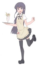 Rule 34 | 1girl, apron, asamoto, bad id, bad pixiv id, black thighhighs, blue eyes, blunt bangs, female focus, food, full body, hime cut, long hair, open mouth, pale color, parfait, purple hair, simple background, skirt, smile, solo, thighhighs, tray, waitress, white background, working!!, yamada aoi, zettai ryouiki