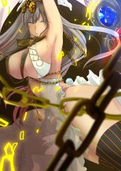 Rule 34 | 1girl, arm up, armpits, bare shoulders, black thighhighs, blue eyes, breasts, center opening, chain, cleavage, crown, doko ni demo iru imouto, dress, earrings, elbow gloves, fate/grand order, fate (series), gloves, grey hair, halterneck, highres, jewelry, large breasts, long hair, looking at viewer, neck ring, smile, solo, thighhighs, thighs, white dress, white gloves, zenobia (fate)