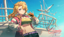 Rule 34 | 1girl, :t, absurdres, belt, bird, blonde hair, blonney, blue eyes, blue shorts, blue sky, boat, breasts, burger, character name, curly hair, earrings, eating, food, furrowed brow, gradient eyes, grey sports bra, highres, holding, holding food, jacket, jewelry, large breasts, letterman jacket, long hair, looking at viewer, looking to the side, multicolored eyes, nail polish, navel, parted bangs, pg (pgouwoderen), pink jacket, purple belt, purple eyes, reverse:1999, seagull, shorts, sky, solo, sports bra, stomach, upper body, watercraft
