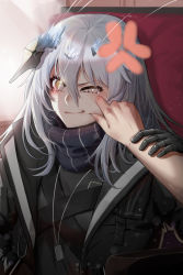 Rule 34 | 1girl, 1other, absurdres, annoyed, black gloves, black jacket, black scarf, cheek pinching, closed mouth, girls&#039; frontline, gloves, grey eyes, grey hair, hand on another&#039;s cheek, hand on another&#039;s face, hand on another&#039;s hand, highres, jacket, jewelry, long hair, looking at viewer, medallion, necklace, nyto (girls&#039; frontline), open clothes, open jacket, paradeus, pinching, scarf, simple background, sitting, solo, tareus (girls&#039; frontline), teardrop, upper body, whoseit