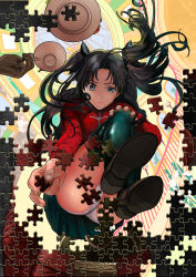 Rule 34 | 1girl, black hair, black thighhighs, blue eyes, crotch, cup, fate/stay night, fate (series), from below, hair ornament, hair ribbon, lips, long hair, looking at viewer, looking down, panties, pantyshot, pleated skirt, puzzle, puzzle piece, ribbon, skirt, sosori, teacup, thighhighs, tohsaka rin, two side up, underwear, white panties