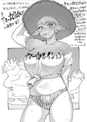 Rule 34 | 1girl, arm behind back, belly, blush, braid, breasts, cloud, cowboy shot, eating, elf, elf-san wa yaserarenai., elfuda (elf-san wa yaserarenai.), food, full body, greyscale, hat, large breasts, large hat, monochrome, panties, plump, pointy ears, shirt, solo, striped clothes, striped panties, sweat, sweatdrop, synecdoche, tied shirt, translation request, underwear, white background