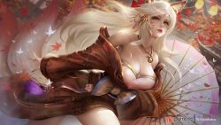 Rule 34 | ahri (league of legends), alternate hair color, animal ear fluff, animal ears, armor, artist name, bare shoulders, blush, breastplate, breasts, brown eyes, bug, butterfly, cleavage, english text, eyelashes, fox ears, fox tail, hair ornament, insect, japanese clothes, jewelry, kimono, large breasts, leaf, league of legends, long hair, looking at viewer, maple leaf, oil-paper umbrella, parted lips, patreon logo, patreon username, pendant, ribbon, tagme, tail, umbrella, watermark, web address, white hair, windwalker