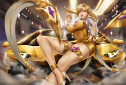 Rule 34 | 1girl, alternate costume, alternate hairstyle, bad id, bad pixiv id, blonde hair, bracelet, breasts, car, claws, cleavage, cropped jacket, crossed legs, dress, earrings, evelynn (league of legends), gem, gold dress, hand on own hip, heart, high heels, indoors, jacket, jewelry, k/da (league of legends), k/da evelynn, lamborghini, lamborghini aventador, large breasts, league of legends, long hair, long sleeves, looking at viewer, motor vehicle, necklace, open clothes, open jacket, parted bangs, parted lips, prestige edition (league of legends), ribbed dress, shoes, short dress, sitting, smoke, solo, sparkle, strapless, strapless dress, supullim, tail, taut clothes, taut dress, thigh strap, white footwear, white jacket, yellow dress, yellow eyes