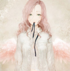 Rule 34 | 1girl, angel wings, animification, ariadne, bad id, bad pixiv id, brown hair, face, green eyes, inception, lips, long hair, mignolo, mouth hold, open clothes, open shirt, pink hair, ribbon, ribbon in mouth, shirt, sola (414lilyope), solo, undressing, wings