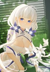 Rule 34 | 1girl, absurdres, azur lane, blue eyes, blue flower, breasts, china dress, chinese clothes, cleavage, dress, flower, franciszabie, hair flower, hair ornament, highres, illustrious (azur lane), illustrious (maiden lily&#039;s radiance) (azur lane), indoors, large breasts, leaning forward, lily (flower), official alternate costume, short sleeves, solo, tri tails, white dress, white flower, white hair