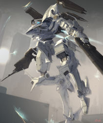 Rule 34 | armored core, armored core: for answer, artist name, atsajh, blue eyes, commission, dual wielding, gun, highres, holding, holding gun, holding weapon, mecha, no humans, robot, running, science fiction, skeb commission, solo, weapon, white glint