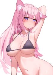 Rule 34 | 1girl, absurdres, animal ear fluff, animal ears, arm behind head, armpits, bikini, bikini top only, black bikini, blush, bottomless, braid, breasts, cleavage, closed mouth, commentary request, coyote girl, deaver, groin, hair tie, hakui koyori, highres, hololive, large breasts, long bangs, long hair, looking at viewer, navel, pink hair, purple eyes, raised eyebrows, simple background, single braid, skindentation, solo, steaming body, stomach, sweat, swimsuit, underboob, virtual youtuber, white background