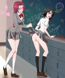 Rule 34 | 2girls, admiring, alternate hairstyle, angry, ass, bent elbows, black hair, black legwear, black socks, bleach, bleach: sennen kessen-hen, blonde hair, blush, bow, breasts, chalk, chalkboard, chalkboard drawing, classroom, clothes lift, clothes pull, drawing, drooling, embarrassed, feet up, female focus, fingernails, grey shirt, grey skirt, heart, heart-shaped pupils, highres, holding, holding chalk, honshou chizuru, knees together feet apart, kuchiki rukia, leaning forward, legs, legs together, loafers, locker, long sleeves, looking at viewer, looking down, looking to the side, maroon hair, miniskirt, multiple girls, no underwear, open mouth, pale skin, petite, purple eyes, pussy, red bow, red hair, rozuberry, school, school uniform, shiny skin, shirt, shoes, short hair, short sleeves, size difference, skirt, skirt lift, skirt pull, small breasts, socks, surprised, symbol-shaped pupils, teeth, thighhighs, uniform, upskirt, white legwear, white shirt, white socks