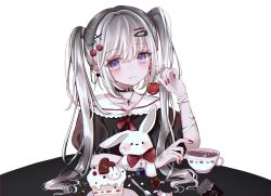 Rule 34 | 1girl, absurdres, bad id, bad pixiv id, bandages, bandaid, cake, cherry, choker, closed mouth, cross, cross necklace, cup, ear piercing, earrings, food, fruit, hair ornament, hairclip, highres, holding, holding food, holding fruit, jewelry, long hair, looking at viewer, nail polish, necklace, original, piercing, purple eyes, sakura mochiko, silver hair, smile, solo, stuffed animal, stuffed rabbit, stuffed toy, teacup, twintails