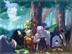 Rule 34 | 1girl, 3boys, armor, axe, battle axe, beard, bird, black robe, blue hair, blue tunic, book, boots, capelet, cloak, commentary request, crossed arms, dangle earrings, earrings, eisen (sousou no frieren), facial hair, fake horns, forest, frieren, glasses, green eyes, grey cloak, heiter, helmet, highres, himmel (sousou no frieren), holding, holding book, horned helmet, horns, jewelry, long beard, long hair, long sleeves, matsuitomato, multiple boys, nature, on floor, outdoors, pantyhose, pauldrons, pointy ears, reading, robe, short hair, shoulder armor, sousou no frieren, sword, twintails, weapon, white capelet, white cloak, white hair