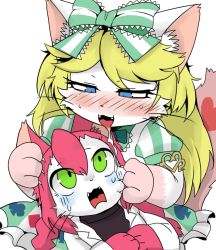Rule 34 | alice (cat busters), artist request, blonde hair, blue eyes, cat, cat busters, furry, green eyes, hair ribbon, long hair, neko hakase (cat busters), pink hair, ribbon, saliva, tongue, tongue out
