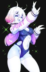 Rule 34 | 1girl, ;d, arm up, black background, blue eyes, breasts, clothes writing, colored skin, gradient hair, hand up, highres, jacket, long sleeves, looking at viewer, medium breasts, monster girl, multicolored hair, one eye closed, open clothes, open jacket, open mouth, original, pink hair, purple jacket, scleriteaeaeaggadah, short hair, slugbox, smile, solo, sparkle background, teeth, thighhighs, white hair, white skin, white thighhighs