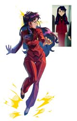 Rule 34 | 1girl, absurdres, barley juice, blue hair, commentary, curvy, english commentary, formal, full body, high heels, highres, jewelry, katsuragi misato, long hair, looking back, necklace, neon genesis evangelion, outstretched hand, pant suit, pants, photo-referenced, purple hair, red suit, reference photo, simple background, solo, south park, standing, suit, sweat, sweatdrop, thigh gap, white background, wide hips