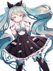 Rule 34 | 1girl, black bow, black footwear, boots, bow, closed mouth, dutch angle, gloves, hair bow, hands up, hatsune miku, highres, knee boots, legs apart, lengchan (fu626878068), long hair, looking at viewer, magical mirai (vocaloid), magical mirai miku, magical mirai miku (2016), simple background, sketch, skirt, smile, solo, standing, striped bow, striped clothes, striped skirt, suspender skirt, suspenders, tareme, twintails, vertical-striped clothes, vertical-striped skirt, very long hair, vocaloid, wavy hair, white background, white gloves, white legwear