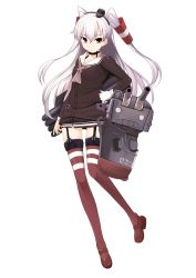 Rule 34 | 10s, 1girl, amatsukaze (kancolle), brown eyes, choker, full body, garter straps, gloves, highres, kantai collection, long hair, looking at viewer, o o, red thighhighs, rensouhou-kun, school uniform, serafuku, simple background, single glove, striped clothes, striped thighhighs, tetsu8, thighhighs, two side up, white background, white gloves, white hair
