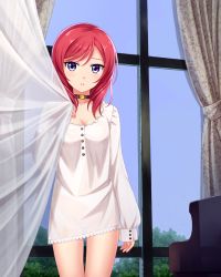 Rule 34 | 10s, 1girl, blush, breasts, choker, cleavage, highres, love live!, love live! school idol project, nishikino maki, no panties, parted lips, purple eyes, red hair, see-through, sleeves past wrists, solo, tucana