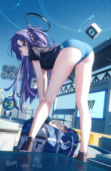 Rule 34 | 1girl, ass, bag, bent over, black footwear, black shirt, blue archive, blue buruma, buruma, closed mouth, commentary request, dated, from behind, full body, geduan, halo, highres, id card, legs, long hair, looking at viewer, looking back, notepad, purple eyes, purple hair, shirt, short sleeves, signature, solo, spread legs, star sticker, sticker on face, very long hair, yuuka (blue archive), yuuka (track) (blue archive)