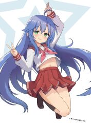 Rule 34 | 1girl, :3, absurdres, ahoge, arm up, blue hair, bright pupils, brown socks, closed mouth, commentary, dot nose, double horizontal stripe, double v, facebook username, flat chest, flipped hair, floating hair, full body, green eyes, hair between eyes, hand up, highres, izumi konata, jitome, light blush, long hair, long sleeves, looking at viewer, lucky star, midair, midriff peek, miniskirt, mishiku, navel, neckerchief, no shoes, pink neckerchief, pleated skirt, red sailor collar, red skirt, ryouou school uniform, sailor collar, school uniform, shirt, short eyebrows, sidelocks, simple background, skirt, socks, solo, star (symbol), straight hair, twitter username, v, very long hair, white background, white shirt, winter uniform