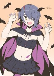 Rule 34 | 1girl, alternate costume, artist name, black cape, black skirt, breasts, cape, commentary request, cowboy shot, dated, eyepatch, fake wings, highres, kantai collection, midriff, navel, open mouth, orange background, pleated skirt, purple hair, short hair, simple background, skirt, small breasts, smile, solo, taira yuuki, tenryuu (kancolle), wings, yellow eyes