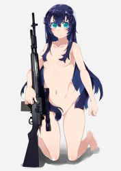 Rule 34 | 1girl, aqua eyes, battle rifle, blue eyes, blush, breasts, collarbone, commentary, convenient censoring, full body, grey background, gun, hair between eyes, hair censor, hair over breasts, holding, holding gun, holding weapon, kneeling, long hair, looking at viewer, m14, navel, nude, original, rifle, shadow, simple background, small breasts, solo, stomach, utako623, very long hair, weapon