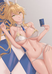 Rule 34 | 1girl, absurdres, animal ears, artoria pendragon (all), artoria pendragon (fate), artoria pendragon (lancer) (fate), artoria pendragon (swimsuit ruler) (fate), artoria pendragon (swimsuit ruler) (second ascension) (fate), bare shoulders, bikini, blonde hair, bra, breasts, card, cleavage, closed mouth, expressionless, fake animal ears, fate/grand order, fate (series), feet out of frame, floor, freed turing, green eyes, hair between eyes, hair ornament, hand on floor, highres, holding, holding card, large breasts, long hair, looking at viewer, lying, navel, on side, panties, simple background, solo, swimsuit, underwear, white bikini, white bra, white panties