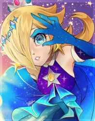 Rule 34 | 1girl, artist name, bare shoulders, blonde hair, blue dress, blue eyes, blue gloves, blue ribbon, border, breasts, brooch, commentary request, crown, dress, earrings, elbow gloves, eyelashes, gem, gloves, gradient background, gradient dress, hair ornament, hair over one eye, hand up, highres, isamu-ki (yuuki), jewelry, long hair, looking at viewer, mario (series), mario kart, mario kart tour, medium breasts, mini crown, multicolored clothes, multicolored dress, nintendo, official alternate costume, one eye covered, parted bangs, pink background, purple background, purple dress, ribbon, rosalina, rosalina (aurora), sidelocks, signature, simple background, sleeveless, sleeveless dress, smile, solo, sparkle, star (symbol), star brooch, star earrings, swept bangs, transparent border, yellow gemstone