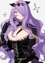 Rule 34 | 1girl, armor, black armor, breast strap, breasts, camilla (fire emblem), cleavage, fake horns, fire emblem, fire emblem fates, gmais2514, hair over one eye, horns, large breasts, long hair, looking at viewer, nintendo, purple eyes, purple hair, smile, solo, tiara, upper body, very long hair, wavy hair, white background