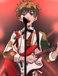 Rule 34 | 1boy, akiyama hayato, bow, collared shirt, electric guitar, flower, green hair, guitar, highres, holding, holding instrument, idolmaster, idolmaster side-m, instrument, male focus, microphone, microphone stand, open mouth, red eyes, shirt, solo, tarou (2taro8), teeth, upper teeth only, waistcoat