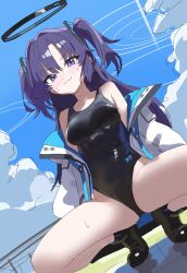 Rule 34 | :3, absurdres, black footwear, blue archive, blue sky, breasts, competition swimsuit, halo, highres, jacket, long hair, mechanical halo, medium breasts, off shoulder, one-piece swimsuit, open clothes, open jacket, purple eyes, purple hair, setakman, sky, spread legs, squatting, sweatdrop, swimsuit, tiptoes, triangle hair ornament, twintails, white jacket, yuuka (blue archive)