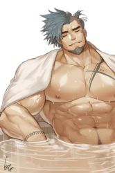 Rule 34 | 1boy, abs, asymmetrical hair, bara, bare pectorals, blue hair, chest tattoo, facial hair, goatee, gomtang, head tilt, large pectorals, long hair, male focus, mature male, muscular, muscular male, naked towel, navel, navel hair, nipples, onsen, original, partially submerged, pectorals, ponytail, see-through, shark (gomtang), sideburns, sidecut, solo, stomach, tattoo, thick eyebrows, towel, towel around neck, undercut, upper body, wet