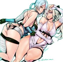 Rule 34 | 2girls, arm up, armpits, ashiomi masato, ass, ass cutout, back, bandaged arm, bandaged leg, bandages, bare shoulders, black gloves, blue hair, breasts, brown eyes, butt crack, cleavage, clothing cutout, drag-on dragoon, drag-on dragoon 3, elbow gloves, fingerless gloves, flower, flower eyepatch, flower over eye, frilled panties, frills, gloves, huge breasts, kaine (nier), lingerie, long hair, looking at viewer, looking back, lying, multiple girls, navel, nier, nier (series), on back, on side, panties, purple eyes, thigh strap, twitter username, underwear, white gloves, white hair, white panties, zero (drag-on dragoon)