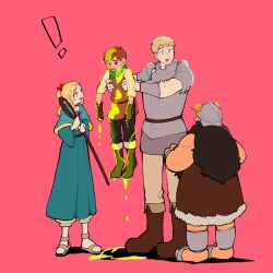 Rule 34 | !, 1girl, 3boys, armor, beard, black eyes, blonde hair, blue capelet, blue robe, boots, braid, brown footwear, brown gloves, brown hair, brown vest, capelet, chilchuck tims, dungeon meshi, elf, facial hair, fake horns, fingerless gloves, gloves, green eyes, green scarf, hair ribbon, helmet, highres, holding, holding staff, horned helmet, horns, laios touden, long sleeves, marcille donato, multiple boys, pink background, pointy ears, red ribbon, ribbon, robe, sandals, sansai 100, scarf, senshi (dungeon meshi), shirt, simple background, single braid, slime (substance), staff, sweatdrop, vest, white shirt, yellow eyes