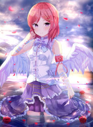 Rule 34 | 10s, 1girl, angel wings, arm garter, bow, bowtie, center frills, chain, feathered wings, flower, frills, gold chain, hair ornament, highres, looking at viewer, love live!, love live! school idol festival, love live! school idol project, morerin, nishikino maki, petals, purple eyes, red flower, red hair, red rose, ribbon, rose, skirt, skirt hold, sleeveless, smile, solo, striped bow, striped bowtie, striped clothes, striped neckwear, wading, wings, wrist ribbon, x hair ornament