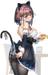 Rule 34 | 1girl, animal ears, ass, bad id, bad twitter id, black pantyhose, breasts, brown hair, cat ears, cat tail, cleavage, fake animal ears, food, holding, holding plate, large breasts, maid, omelet, omurice, original, panties, panties under pantyhose, pantyhose, plate, ranf, short hair, simple background, solo, tail, underwear, white background