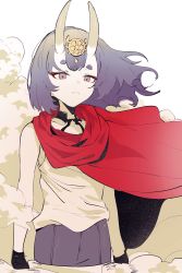 Rule 34 | 1girl, absurdres, black gloves, cape, closed mouth, collarbone, ddari, dust, dust cloud, expressionless, eyeshadow, fate (series), gloves, highres, horns, makeup, medium hair, oni, purple eyes, purple hair, red cape, red eyeshadow, short eyebrows, shuten douji (fate), skin-covered horns, solo, standing