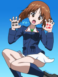 Rule 34 | 1girl, artist name, black footwear, blue background, blue jacket, blue socks, body writing, boots, brown eyes, brown hair, claw pose, commentary, dated, frown, girls und panzer, gradient background, green shirt, head tilt, highres, jacket, jumping, knee up, legs up, long sleeves, looking away, military, military uniform, miniskirt, naotosi, nishizumi miho, ooarai military uniform, open mouth, pleated skirt, shirt, short hair, skirt, socks, solo, translated, uniform, white skirt