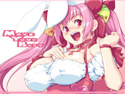 Rule 34 | 1girl, animal ears, bare shoulders, between breasts, bow, breasts, rabbit ears, card, card between breasts, cleavage, di gi charat, covered erect nipples, hair bow, holding, holding card, large breasts, long hair, pink hair, sanemichi hajime, solo, twintails, usada hikaru