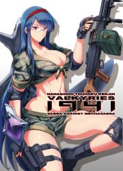 Rule 34 | 1girl, abs, ammunition, ammunition belt, ammunition box, bad id, belt, belt-fed, black footwear, black gloves, blue hair, boots, breasts, camouflage, camouflage shorts, cleavage, cover, cover page, elbow pads, eyebrows, fingerless gloves, front-tie top, gakuen taisen valkyries, glasses, gloves, gradient background, gun, hairband, halcon, headband, highres, holster, knee pads, large breasts, long hair, looking at viewer, machine gun, mecha musume, midriff, military, navel, pkm, purple eyes, rimless eyewear, sabra greengold, shirt, short shorts, shorts, skindentation, sleeves rolled up, smile, solo, text focus, thigh holster, tied shirt, tropical camouflage, vertical forward grip, very long hair, weapon