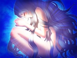 Rule 34 | 1girl, breasts, closed eyes, game cg, gradient background, large breasts, long hair, majodou, marie marigold, nude, sano toshihide, silver hair, solo, very long hair