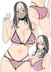 Rule 34 | 1girl, amano don, animal print, ass, bikini, black hair, blush, breasts, brown eyes, cleavage, collarbone, commentary request, covered mouth, hand on own ass, hand up, highres, jewelry, large breasts, leopard print, looking at viewer, mask, mole, mole on breast, mouth mask, multicolored hair, multiple views, original, ring, simple background, swimsuit, thighs, two-tone hair, underboob, white background