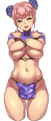 Rule 34 | 1girl, breasts, china dress, chinese clothes, covering privates, covering breasts, cropped legs, crossed arms, dress, elf, female focus, flower, green eyes, groin, hair flower, hair ornament, hands on shoulders, houtengeki, large breasts, looking at viewer, navel, no panties, open mouth, original, pelvic curtain, pink hair, pointy ears, short hair, short sleeves, simple background, solo, teeth, underboob, white background