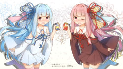 Rule 34 | 2girls, :d, ;d, bare shoulders, blue dress, blue hair, blue ribbon, blue thighhighs, blush, brown dress, can, collarbone, commentary request, coreytaiyo, dated, detached sleeves, dress, fang, floral background, hair ribbon, highres, holding, holding can, kotonoha akane, kotonoha aoi, long hair, long sleeves, multiple girls, no shoes, one eye closed, open mouth, petals, pink hair, pink lips, pleated dress, red eyes, red ribbon, ribbon, siblings, signature, sisters, sleeveless, sleeveless dress, smile, standing, standing on one leg, thighhighs, translation request, twins, v-shaped eyebrows, very long hair, voiceroid, wide sleeves