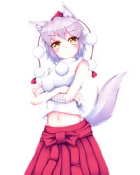 Rule 34 | 1girl, animal ears, bandages, bare shoulders, blush, breasts, crossed arms, hat, highres, inubashiri momiji, kuroleo, looking at viewer, looking down, midriff, navel, pom pom (clothes), shirt, short hair, silver hair, skirt, solo, tail, tokin hat, touhou, white shirt, wolf ears, wolf tail, yellow eyes