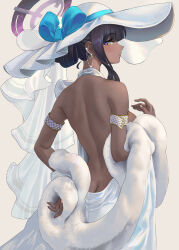 Rule 34 | 1girl, absurdres, b-pang, back, bare shoulders, black hair, blue archive, blush, breasts, commentary, dark-skinned female, dark skin, dress, earrings, halo, hat, highres, jewelry, karin (blue archive), large breasts, long hair, looking at viewer, looking back, solo, sun hat, white dress, white hat, yellow eyes