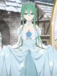 Rule 34 | 1girl, bare shoulders, blue dress, breasts, choker, cleavage, collarbone, crown, date a live, dress, elbow gloves, gloves, green eyes, green hair, hair between eyes, highres, large breasts, looking at viewer, natsumi (date a live), off-shoulder dress, off shoulder, screencap, sidelocks, smile, stitched, third-party edit, white gloves
