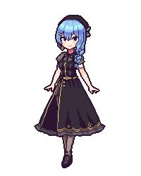 Rule 34 | 1girl, alternate costume, apron, art (rtrunl), black dress, black footwear, black pantyhose, blue hair, braid, closed mouth, commentary, dress, earrings, english commentary, full body, hololive, hoshimachi suisei, hoshimachi suisei (maid), jewelry, looking at viewer, medium hair, official alternate costume, pantyhose, pixel art, puffy short sleeves, puffy sleeves, semi-rimless eyewear, short sleeves, side braid, skirt cutout, smile, solo, standing, virtual youtuber