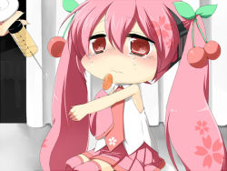 Rule 34 | 1girl, blush, candy, cherry, chibi, detached sleeves, food, fruit, hatsune miku, lollipop, long hair, n39, necktie, outstretched arm, pink hair, red eyes, sakura miku, sitting, skirt, syringe, tears, thighhighs, twintails, very long hair, vocaloid