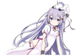Rule 34 | 1girl, arm support, azur lane, blush, breasts, bun cover, china dress, chinese clothes, closed mouth, commentary request, dress, hair between eyes, hair bun, hair ribbon, long hair, looking at viewer, no shoes, puffy short sleeves, puffy sleeves, purple eyes, purple hair, purple ribbon, ribbon, short sleeves, side bun, simple background, single hair bun, single side bun, small breasts, smile, solo, stuffed animal, stuffed toy, stuffed winged unicorn, sukireto, thighhighs, unicorn (azur lane), unicorn (the gift of spring) (azur lane), very long hair, white background, white dress, white thighhighs, wrist cuffs